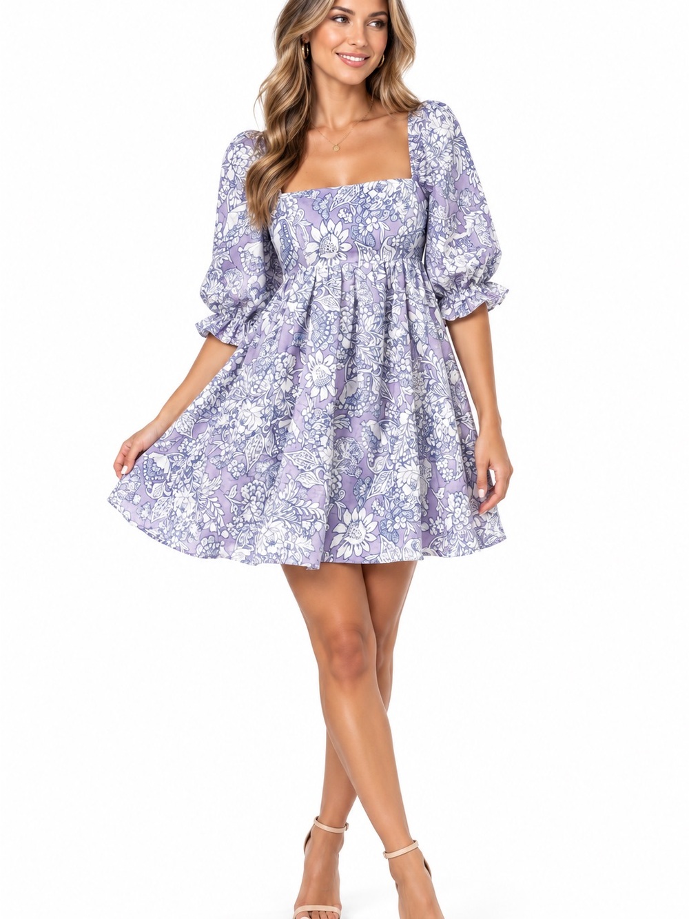 NWT STORIA Lavender Floral Puff Sleeve Babydoll Mini Dress Size L